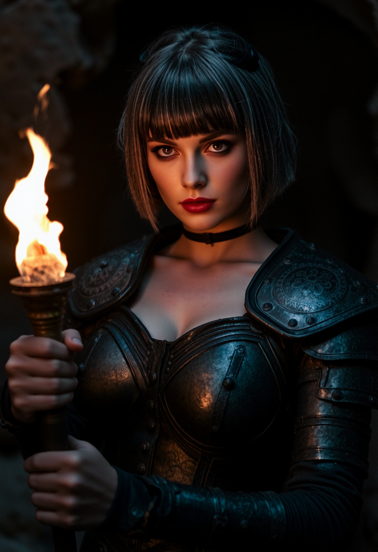 evil frozen witch girl, realistic, In a cyberpunk-inspired realm, Theme, stunning Danish woman, mature girl, dark eyeshadow, make-up,vshort hair, bangs, multicolored hair highlights, hair between eyes, wearing viking body armor, holding torch, on dark dungeon, Perfect Composition, realistic photographic image, RAW photo highest quality, perfect directional lighting, high contrast, viewed from in front of them, dynamic image, bright eyes, the torch illuminates the girl's face and body, bright torches, ready for battle