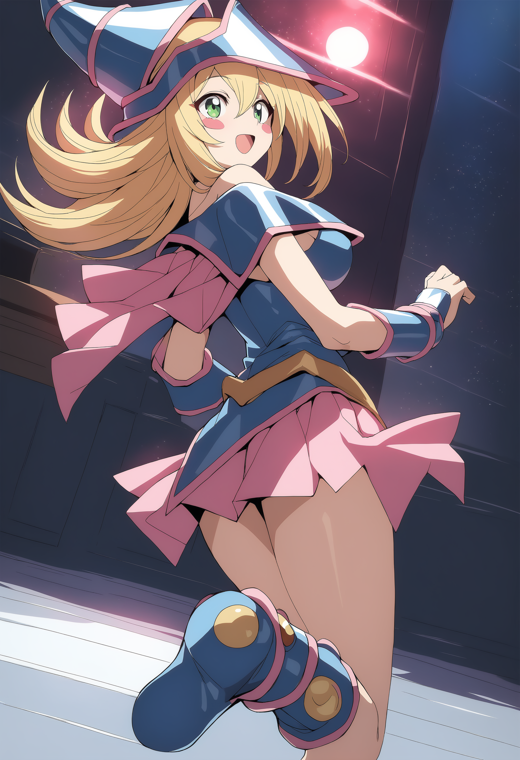 1girl,  <lora:blamagiXLv1:0.9>,blamagi,blonde hair, green eyes, long hair, medium breasts,blush stickers,wizard hat,
from side, full body, looking back, smile, red-light district, open mouth,
masterpiece, best quality,