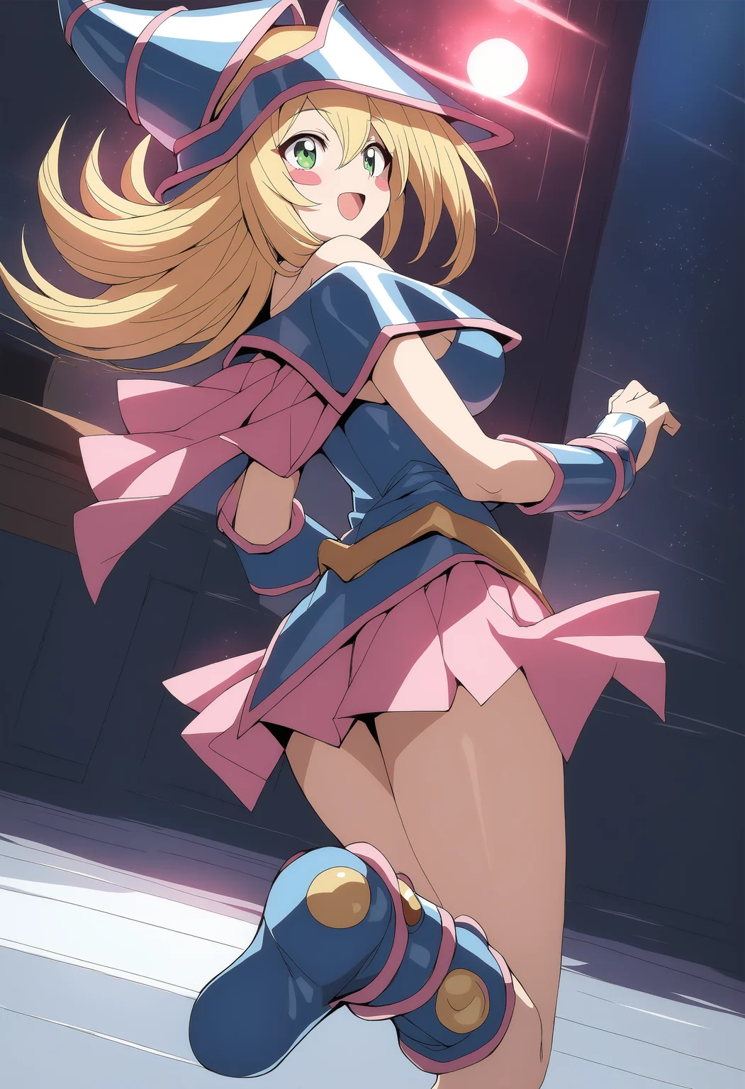 1girl, <lora:blamagiXLv1:0.9>,blamagi,blonde hair, green eyes, long hair, medium breasts,blush stickers,wizard hat,
from side, full body, looking back, smile, red-light district, open mouth,
masterpiece, best quality,