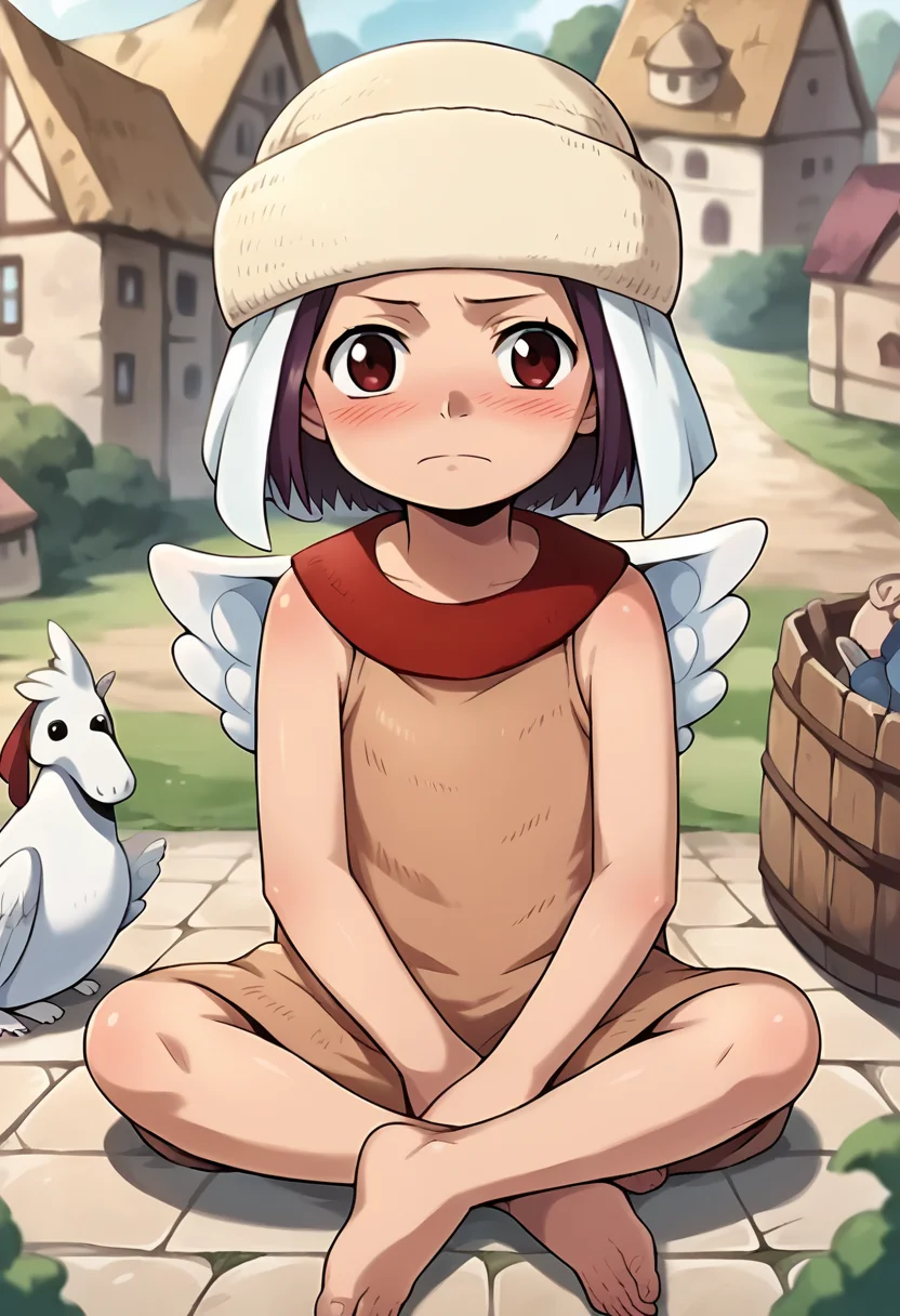 score_9, score_8_up, score_7_up, source_anime, masterpiece, 1girl, ctianaisa, hat, brown dress, wings, barefoot, looking at viewer,  outdoors, town, depth of field, sitting, blush, foreshortening,  <lora:Aisa_onepiece_pony_ct:1>