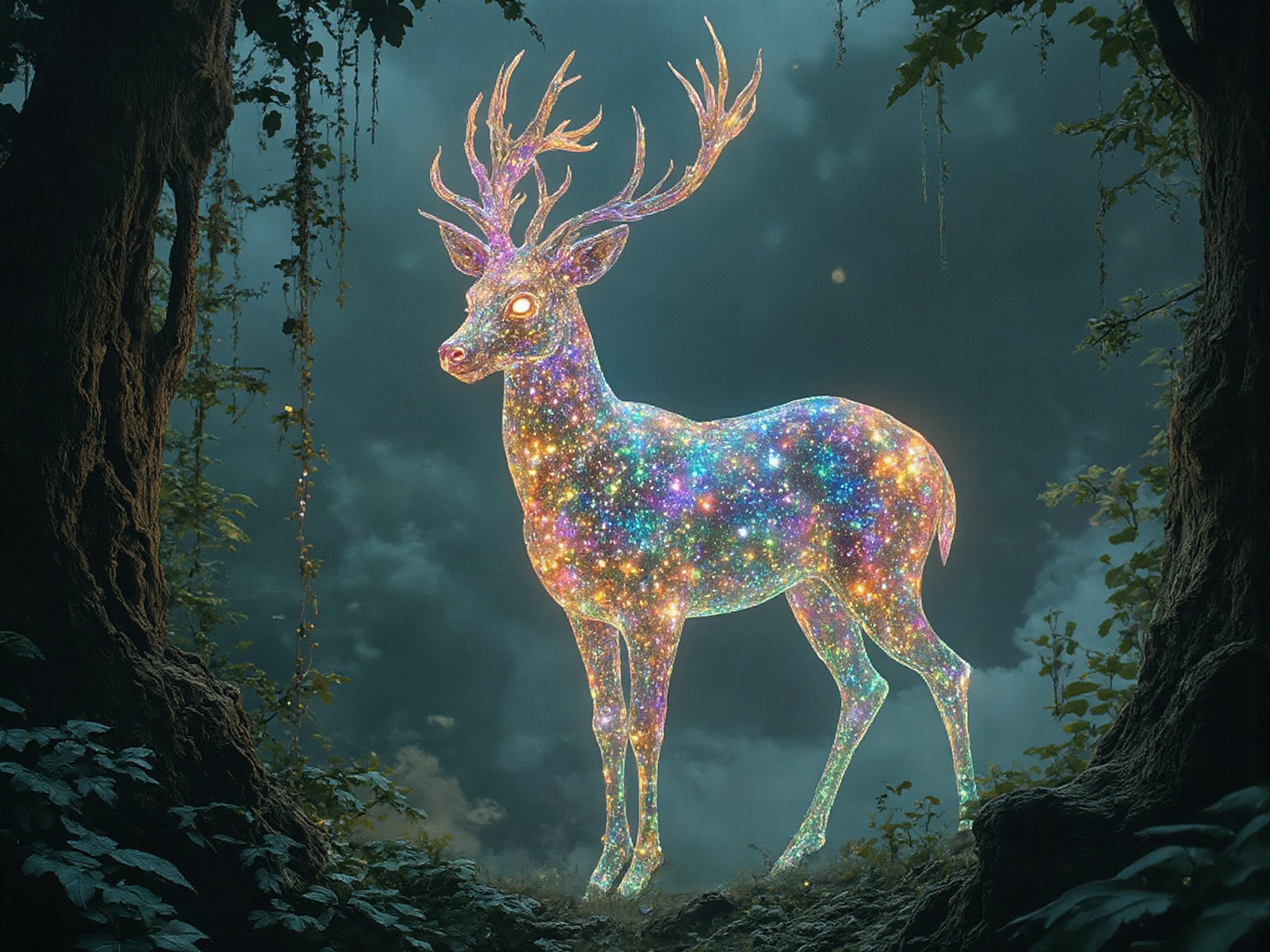 In a dense, mist-shrouded jungle, where vines twist around ancient trees like skeletal fingers, a majestic deer spirit materializes. Its body glows with an otherworldly luminescence, as if infused with the essence of moonlight and stardust. The deer's form appears crafted from delicate glass shards, refracting hues of emerald and sapphire across the surroundings.  As the deer's eyes gleam with an unearthly intelligence, a nuclear explosion erupts in the distance, casting an apocalyptic glow over the jungle. The blast wave ripples through the air, imbuing, <lora:Flux_Turbo_Alpha.safetensors:1.0> <lora:epic-midj.safetensors:0.7> ethereal fantasy, soft, glowing light effects <lora:aidmaMJ6.1-FLUX-v0.4.safetensors:0.6> aidmaMJ6.1
