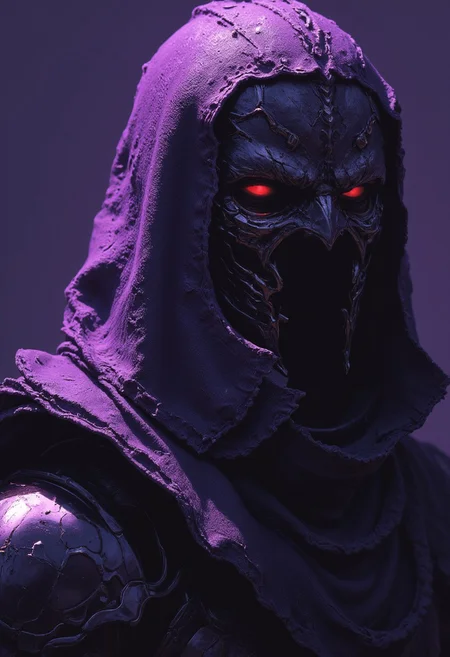 S1n0z1ck style, extremem Closeup of an retro Pixel art Ninja, flat color two toned in bleaked purple and Grey, showing the silhouette of Doctor Doom in his iconic cloak and mask. in Relief high collar metal armor, cinematic lighting, insane details, hyperrealistic extreme closeup macro photography, 64 megapixel DSLR