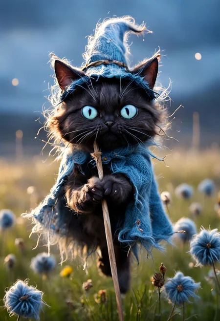 Super Closeup Portrait, Fairy Like adorable petite female skinny ghiblis witch Kiki, fighting stance, Cat, witch broom,  furry, very wooly, Large eyes, fuzzy furry like, Long hairy fluffy, devouring, blushed shy Look from beneath, knitted hairband and knitted Wooly stockings, fists up, Cape and Hair in Wind, blue flower field