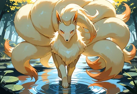 masterpiece, best quality, solo, zzNinetales, female, amber eyes, walking beside a crystal-clear pond, joyful pose, glowing water ripples, serene and tranquil atmosphere, soft lighting, detailed water effects, fur, fluffy tails, fluffy body,