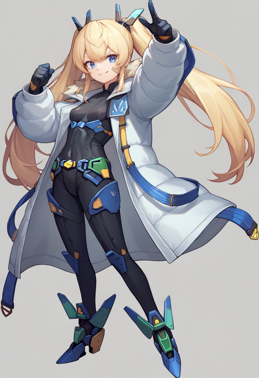 score_9, score_8_up, score_7_up, source_anime BREAK 1girl, <lora:laplace-nikke-richy-v1_pdxl:1> laplace, blonde hair, twintails, long hair, hair ornament, blue eyes, bandaid on face, black bodysuit, small breasts, white coat, fur trim, belt, black gloves, mecha musume, full body, arm up, smirk