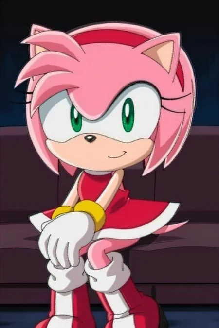 feminine, masterpiece, best quality, newest, absurdres, highres, amy rose, amy rose, furry female, white-trimmed red dress, green eyes, white-yellow gloves, boots, socks, sitting, sofa,
BREAK
dark background, dynamic background, <lora:Amy_Rose_Pony:1>