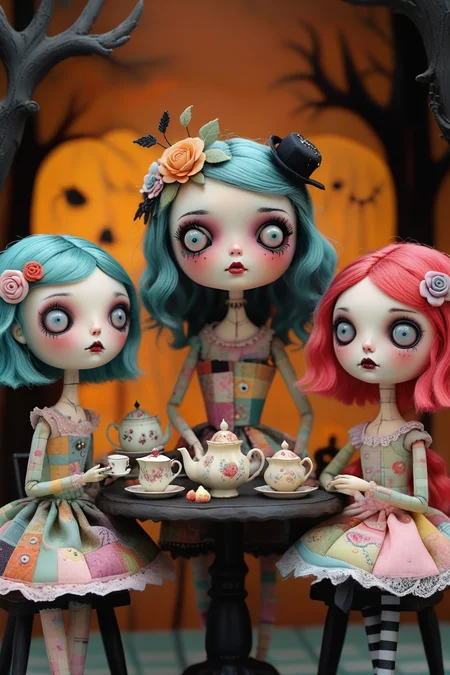 Imagine a whimsical tea party with a group of adorable patchwork dolls â each with their own unique personality and style,the dolls have bright vibrant colors and an endearing expressions with patchwork faces and flowing hair in the enchanting world of Mab Graves.colorful outfits,intricate stitching,and sweet treats that adorn the table,creating a spooky & sureal scene,<lora:TQ_-_Puppet_Dolls_In_Danger:0.8>,