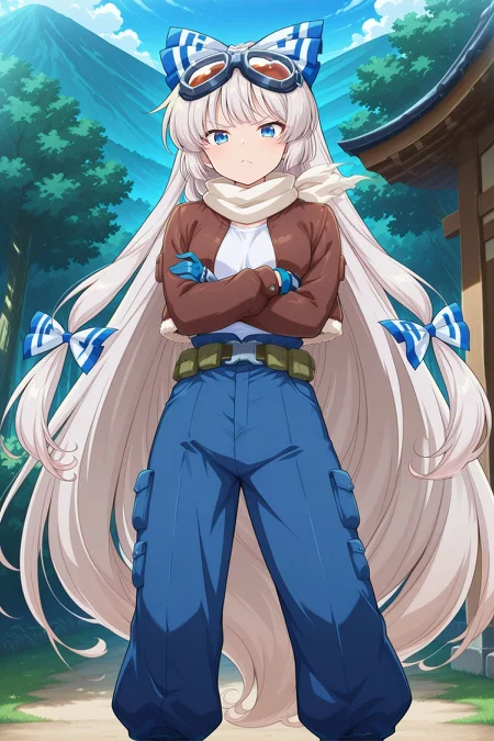 absurdres, highres, masterpiece, best quality, amazing quality, official anime artwork, screencap, anime screencap, outdoors, looking at viewer, dynamic pose, standing,
<lora:Fujiwara-no-Mokou_IllustriousV2:1> fujiwara no mokou, 1girl, solo, blue eyes, white hair, very long hair, small breasts, fujiwara no mokou \(defiant blue phoenix\), alternate costume, hair bow, blue bow, goggles on head, white scarf, brown jacket, open jacket, white shirt, blue gloves, blue pants, belt, armored gloves, crossed arms, annoyed,