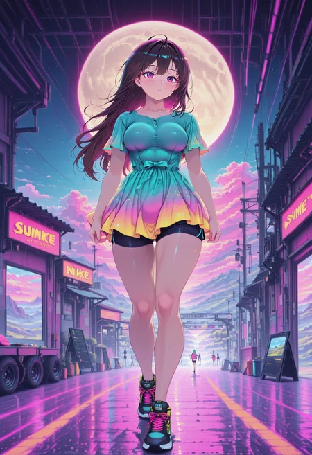 HDR, 8K, masterpiece, best quality, amazing quality, very aesthetic, absurdres, newest, (scenery, volumetric lighting),depth of field, 1girl,solo,(extreme close up),(Jump Cut Montage) , eyeliner,guilty \(nikke\), goddess of victory: nikke, 1girl, hair behind ear, purple eyes, hair between eyes, green hair, very long hair, two-tone hair, black hair, brown hair, streaked hair,, ">/:/)", a Layered athletic dress with built-in shorts, an athletic dress with layered fabric that provides a flirty yet functional look, crafted from a moisture-wicking material, This dress is complemented by stylish, lightweight sneakers that offer comfort during workouts,medium breasts,(covered breasts:1.3),,skindentation,,Teleporting to Another Realm, garage,moon, spring_(season),solo focus,(shiny skin:0.7),masterpiece, best quality, amazing quality, very aesthetic, absurdres, newest, (scenery, volumetric lighting),depth of field, <lora:PinkieNeonAnimeIL:1> neon illustration in the style of pinkneonanime <lora:Pastel_Glitch:1> in the style of Jedpstgl, Impressionism, Vaporwave,Pixel Art