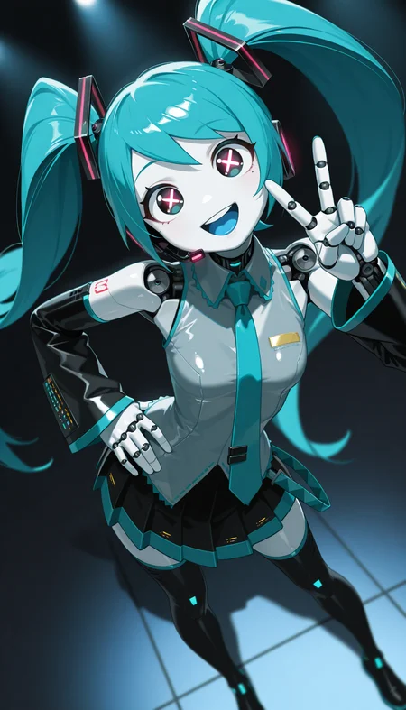 masterpiece, best quality, amazing quality, very aesthetic, absurdres, newest, cartoon, dramatic light, 1girl, solo, (jenny wakeman:1.3) AND hatsune miku, (robot, android, part lines:1.2), (white skin, metalic skin, ceramic skin:1.2), collared wide detached sleeve grey shirt, necktie, skirt, thighhighs, (no nose:1.2), [shiny black eyes:symbol-shaped pupils:13], bright pupils, big eyes, one eye half-closed, (winking:0.8), open mouth, smile, blue tongue, standing, posing, twisty pose, head tilt, legs apart, long hair, small breasts, wide hips, narrow waist, from above, face focus, dutch angle, v, one hand on hip, cyberpunk, stage, blue neon, spot light, fine shiny fablic emphasis, BREAK, robot white hands, fingers, eyes, extremely detailed eyes, photorealistic detail, detailed background, volumetric lighting, depth of field