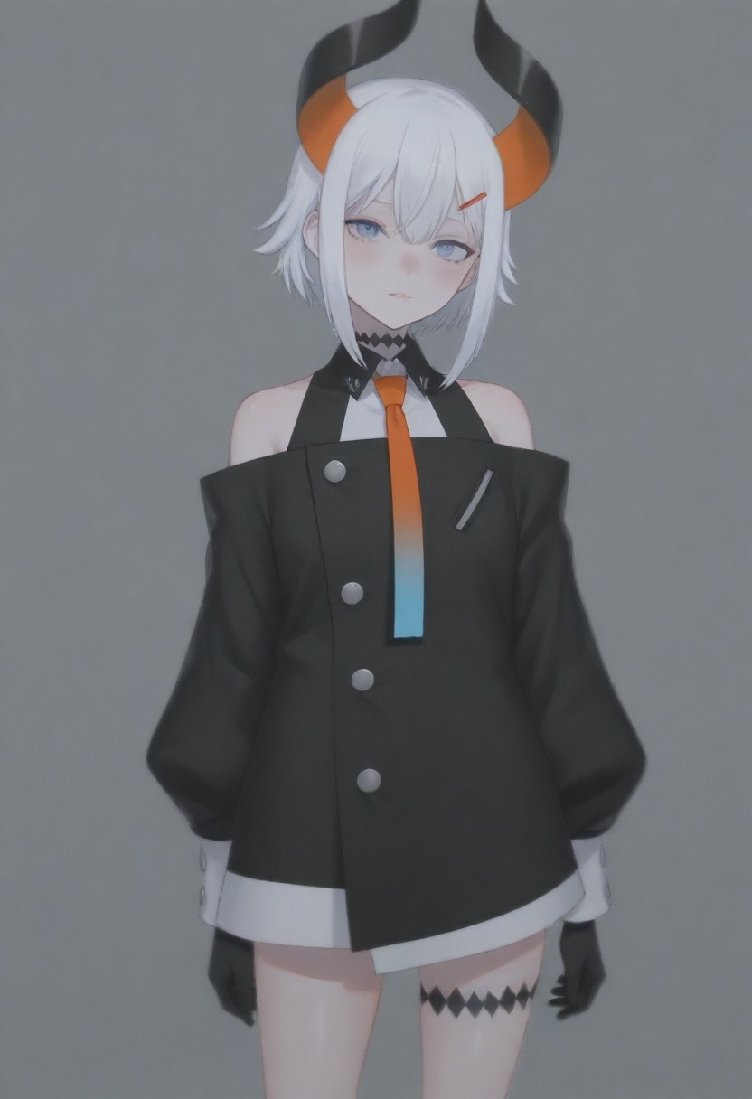 masterpiece, best quality, amazing quality,,, shiny skin,,,,,,,,nijilevi,,blue eyes,white hair,horn,pail skin,short hair,hairclip,nijilevicos,collared shirt,bare shoulder,gradient necktie,puffy long sleeves,white cuffs,black gloves,single thigh strap,