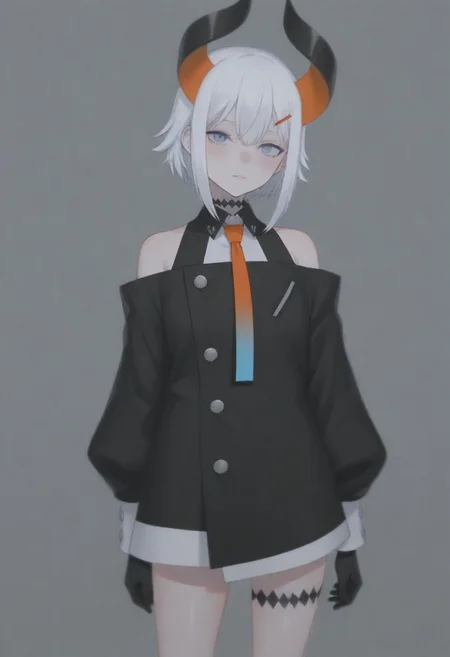 masterpiece, best quality, amazing quality,,, shiny skin,,,,,,,,nijilevi,,blue eyes,white hair,horn,pail skin,short hair,hairclip,nijilevicos,collared shirt,bare shoulder,gradient necktie,puffy long sleeves,white cuffs,black gloves,single thigh strap,