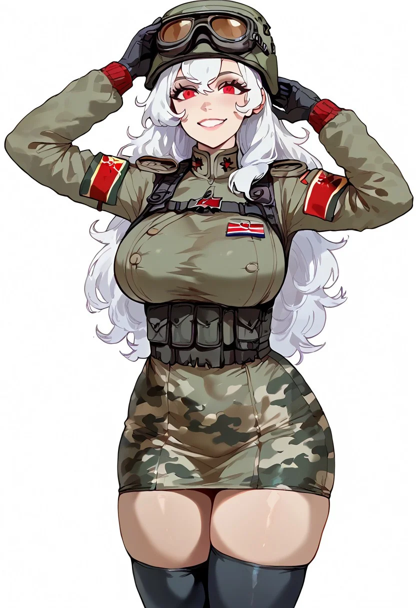 score_9,score_8_up,score_7_up , (solo, 1girl),<lora:Alpha1918:1.2> 1girl, alpha1918, long hair, white hair , huge breasts, curvy athletic body, red eye color , shiny skin, soft skin, perfect figure, busty, slim hips, round ass, thickass, athletic legs and hips, fit, wearing russian soldier uniform, tactical gear, solo, simple background, thighhighs, gloves, hat, white background, green camouflage, mini black skirt, black thighhighs, wariza, taking offf her helmet, goggles, sexy pose, looking_at_viewer, smiling