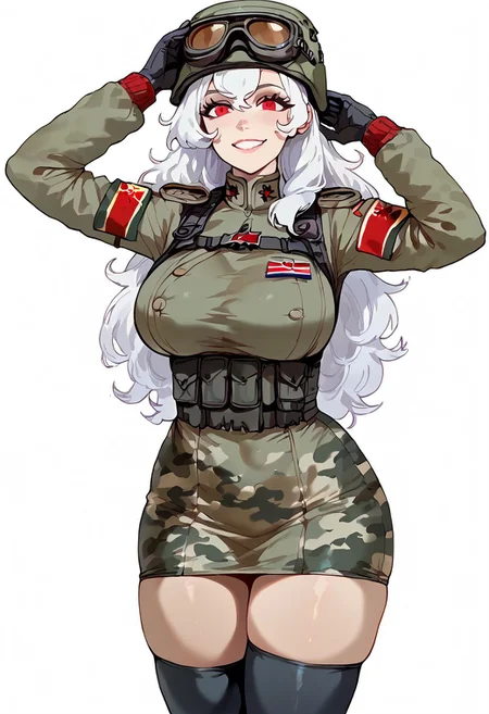 score_9,score_8_up,score_7_up , (solo, 1girl),<lora:Alpha1918:1.2> 1girl, alpha1918, long hair, white hair , huge breasts, curvy athletic body, red eye color , shiny skin, soft skin, perfect figure, busty, slim hips, round ass, thickass, athletic legs and hips, fit, wearing russian soldier uniform, tactical gear, solo, simple background, thighhighs, gloves, hat, white background, green camouflage, mini black skirt, black thighhighs, wariza, taking offf her helmet, goggles, sexy pose, looking_at_viewer, smiling