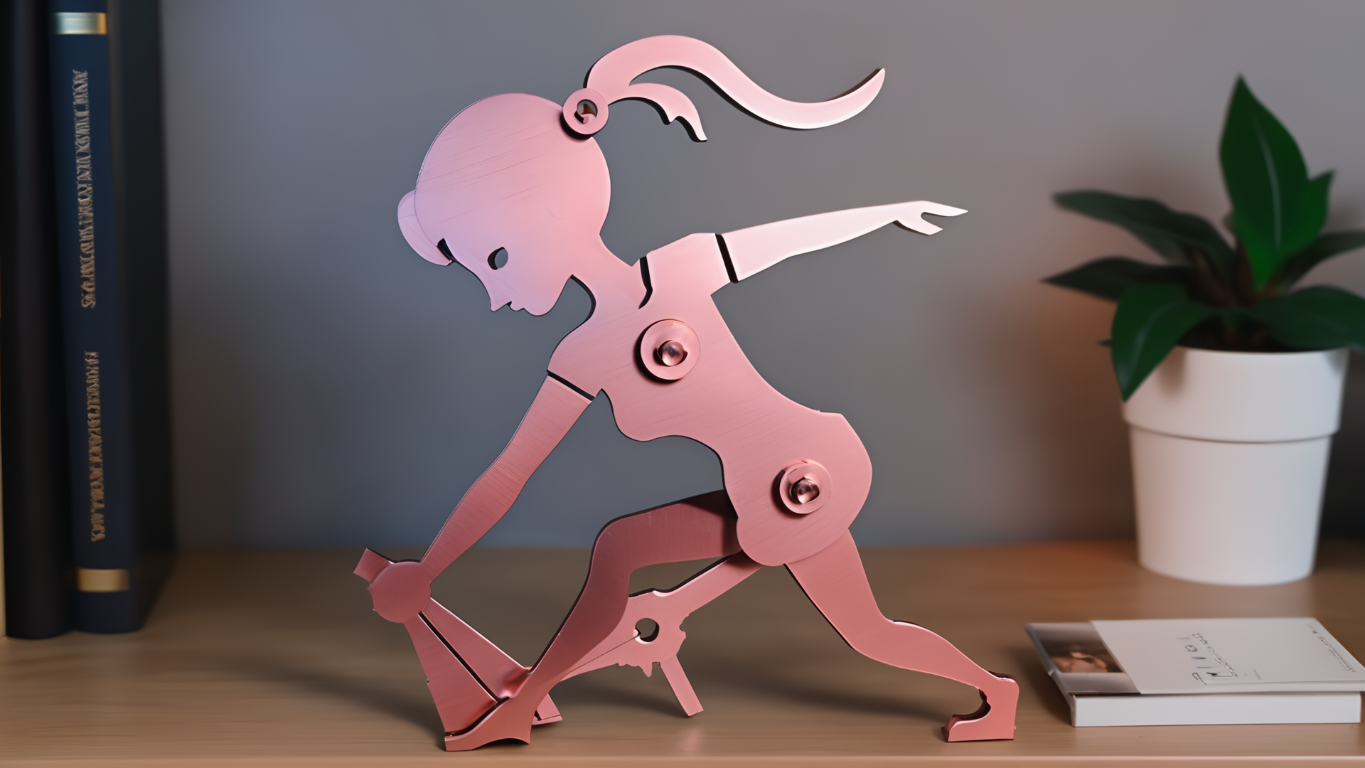 <lora:splicingtoycd_xl-000012:0.8>,a plane style steel girl sculpture made of splicingtoycd_xl on wooden desktop,three-dimensional puzzle,simple-structured,detailed,hi-res photo,no humans,pink theme,close-up,indoors,living room,simple background, emotional,harmonious,high budget,moody,epic,gorgeous,perfect lighting,realistic,photorealistic,photographic,photo (medium),real,moody lighting,volumetric lighting,reality ray tracing,8K,HDR,UHD,masterpiece,best quality,highly detailed,high resolution,finely detail,extremely detailed,ultra detailed,wallpaper