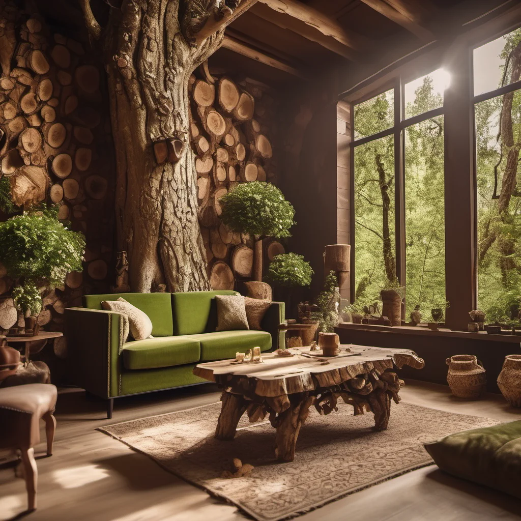 cinematic photo barnum-sepia (concept interior:1.2) design, modern rustical room, elaborate furniture, texture cracked dry treebark (cracked wood style room ) design, green trees <lora:treebark-SDXL-s-exp:0.6> . 35mm photograph, film, bokeh, professional, 4k, highly detailed