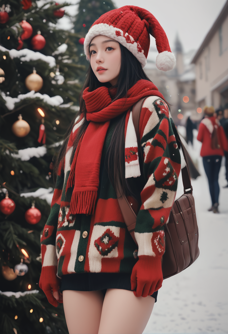 1girl,,ruanyi1386,beanie,multicolored clothes,striped clothes,red scarf,christmas,standing,thigh gap,christmas tree,blurry background,outdoors,red gloves,<lora:1386 christmas_v1_pony:1>, score_9,score_8_up,score_7_up,,8k,solo,,