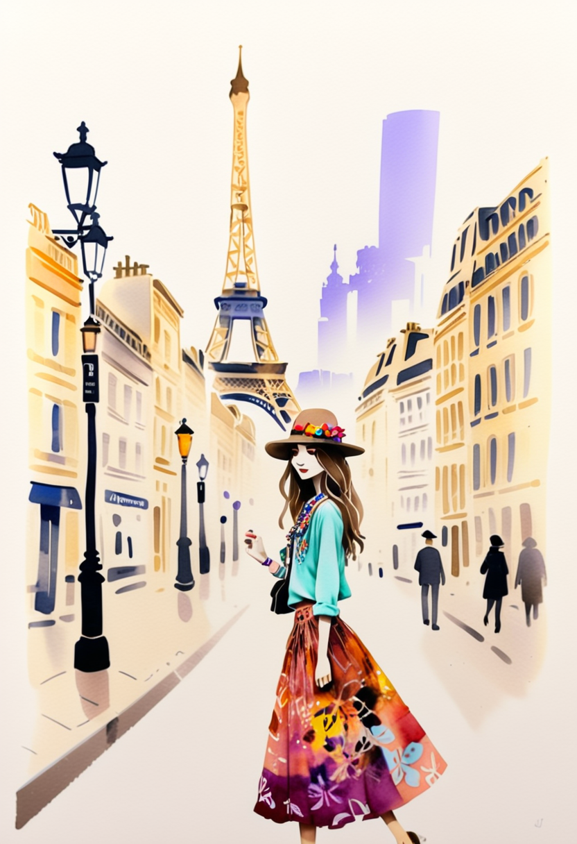 Clip L mituritch, Capture a Parisian street in watercolor, with a focus on a striking young woman dressed in Bohemian-inspired
clothing. Her vibrant outfit contrasts with the muted tones of the surrounding scene, creating a playful
juxtaposition. The womenâs hat features an arrangement of bright, iridescent petals, while her shirt and skirt are
adorned with intricate flower patterns.  The background suggests the bustling cityscape with iconic landmarks like
the Eiffel Tower and the Louvre, rendered in soft, translucent watercolor washes. Use a limited color palette to
emphasize the woman's presence â think of pastels paired with pops of vibrant color from her outfit. **Cameras:**
Zhiyun Crane 2, Rode VideoMicro II, **Image Platforms:** 500px, Viewbug, **Space/Time:** Afternoon cityscape, with
warm light filtering through mist, Clip G mituritch, Capture a Parisian street in watercolor, with a focus on a striking young woman dressed in Bohemian-inspired
clothing. Her vibrant outfit contrasts with the muted tones of the surrounding scene, creating a playful
juxtaposition. The womenâs hat features an arrangement of bright, iridescent petals, while her shirt and skirt are
adorned with intricate flower patterns.  The background suggests the bustling cityscape with iconic landmarks like
the Eiffel Tower and the Louvre, rendered in soft, translucent watercolor washes. Use a limited color palette to
emphasize the woman's presence â think of pastels paired with pops of vibrant color from her outfit. **Cameras:**
Zhiyun Crane 2, Rode VideoMicro II, **Image Platforms:** 500px, Viewbug, **Space/Time:** Afternoon cityscape, with
warm light filtering through mist,
