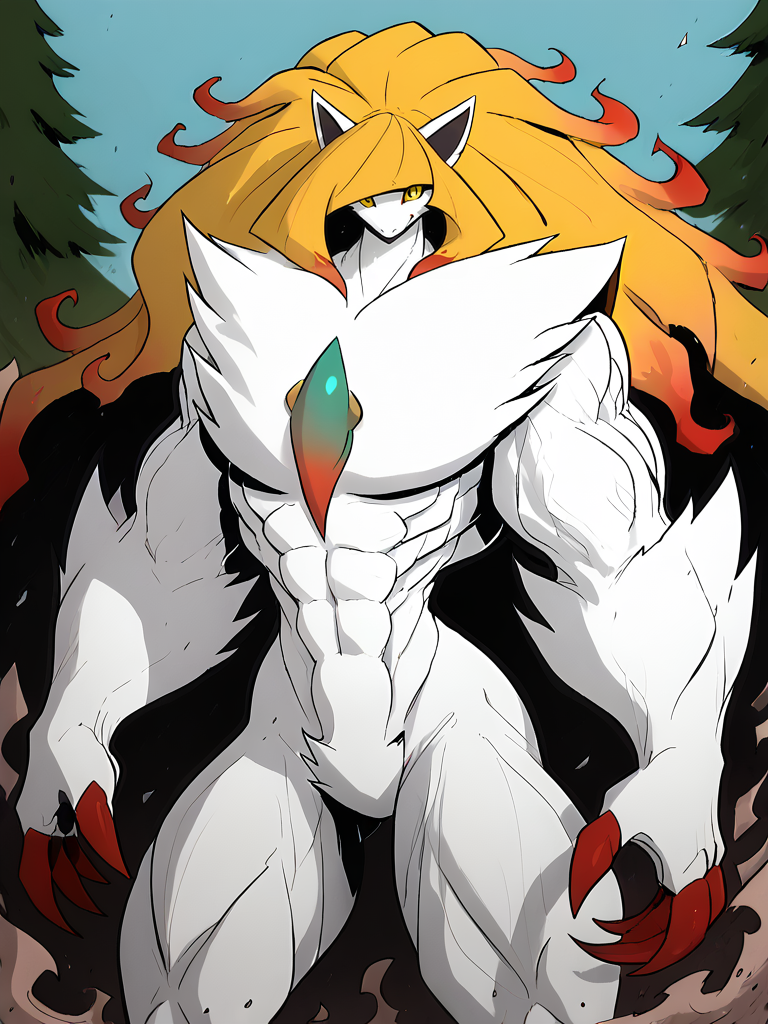 Score_9, score_8_up, score_7_up, score_6_up,  solo. cowboy shot, dutch angle. snow forest backdrop, sideview,  BREAK, monsterification, monster girl, transformation, lusamine \(pokemon\), blonde hair, (hisuian zoroark), white fur, red highlights,  chest tuft, crotch tuft, elbow tuft, looking at viewer, <lora:Concept_Monsterification_V2:1>, giantess, large claws, huge biceps, muscular legs,  <lora:Jolly_Jacks_biggest_beasts:1>