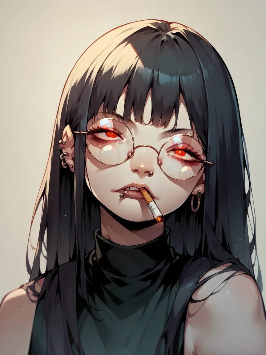 score_9, score_8_up, score_7_up, score_6_up, score_5_up, <lora:cigarette2XLP:1> cigarette, 1girl, solo, red eyes, long hair, black hair, looking at viewer, piercing, simple background, smoking, round eyewear, mouth hold, bangs, upper body,