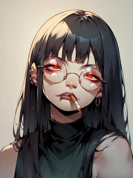 score_9, score_8_up, score_7_up, score_6_up, score_5_up, <lora:cigarette2XLP:1> cigarette, 1girl, solo, red eyes, long hair, black hair, looking at viewer, piercing, simple background, smoking, round eyewear, mouth hold, bangs, upper body,