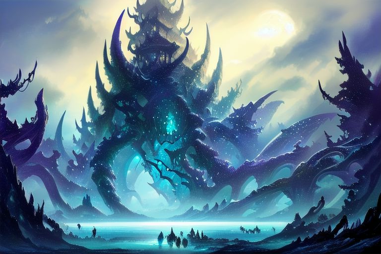 A beautiful fantasy forest landscape with mythical creatures and a lorelai in a sea. The atmosphere is mystic and mysterious. The mystical forest is with fog and a big white fenrir. FanLan, Fanfo
