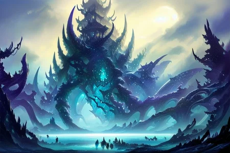 A beautiful fantasy forest landscape with mythical creatures and a lorelai in a sea. The atmosphere is mystic and mysterious. The mystical forest is with fog and a big white fenrir. FanLan, Fanfo