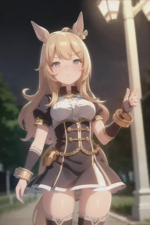 masterpiece,best quality,<lora:UmaMusumePrettyDerby_umms:1>umms,(horse ears, horse girl,:1.2) (horse tail,:1.3) ,full body

road, soft light,detailed lighting,cinematic light,neon lights,street lamp,shop,

detailed face,1girl,solo,hair bangs,hair clip,happy face,{{super detailed skin}},

{{wear armor}}, thigh boots,, detailed boot,gems, jewellery,badges ,shackles,