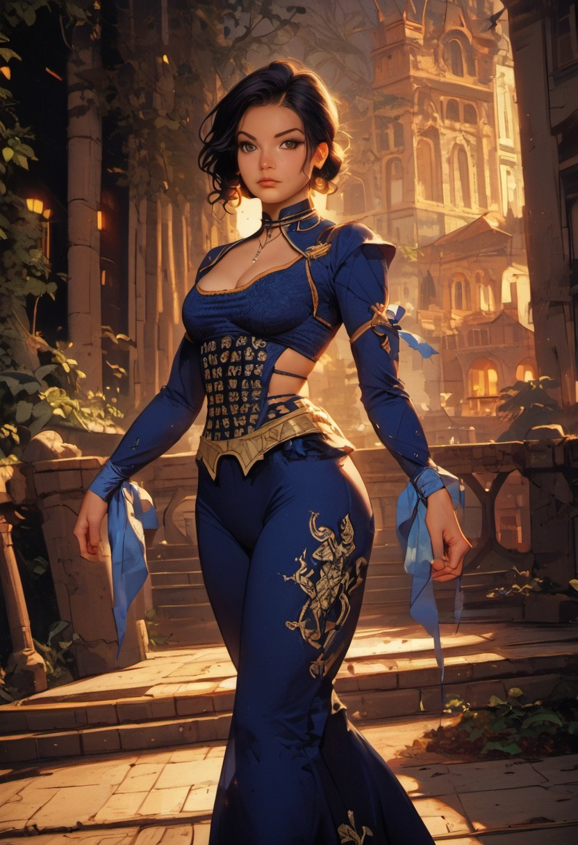 Stable_Yogis_PDXL_Positives, (score_9, score_8_up, score_7_up), ultra realistic, masterpiece, high detailed skin, masterpiece, best quality, high res, pinup pose, very aesthetic, ((nsfw)), (finely detailed face), ((face focus, eye focus, dynamic angle, motion)), ((waist-up portrait)), 1girl, fantasy, ((pureerosface_xl, knva)), extreme detail, 
BREAK,
(1girl, solo), (schlrlingxl, black hair, brown eyes, single low bun, bangs), (cleavage, blue dress, or blue top, long sleeves, blue pants, shoes skin tight, feathers, long sleeves, arm ribbons), female focus, choker, eyeshadow, slim-thick body, cleavage, apart breasts, large breasts, tiny waist, wide hips, slender figure, 
standing, ((slutty pose)), breathless intimacy, textured skin, leggings, petite model bombshell, delicate features, narrow pointy nose, tiny nose, lust, big eyes, seductive eyes, detailed skin, flared lashes, mascara, makeup, breasts, athletic body, narrow waist, wide hips, ((tiny waist)), slender figure, sensual gaze, 
BREAK,
milky way, runes, arcane, astral, surreal, ethereal glow, masterpiece, best quality, intricate design. colorful, fantasy city streets, evening, sunset light, moody whimsical color palette, bold soldering lines, volumetric light shining through, crepuscular rays, intricate craftsmanship, detailed texture, luminous transparency, reflective light play, vivid hues, atmospheric depth, enchanting silhouette, art nouveau,