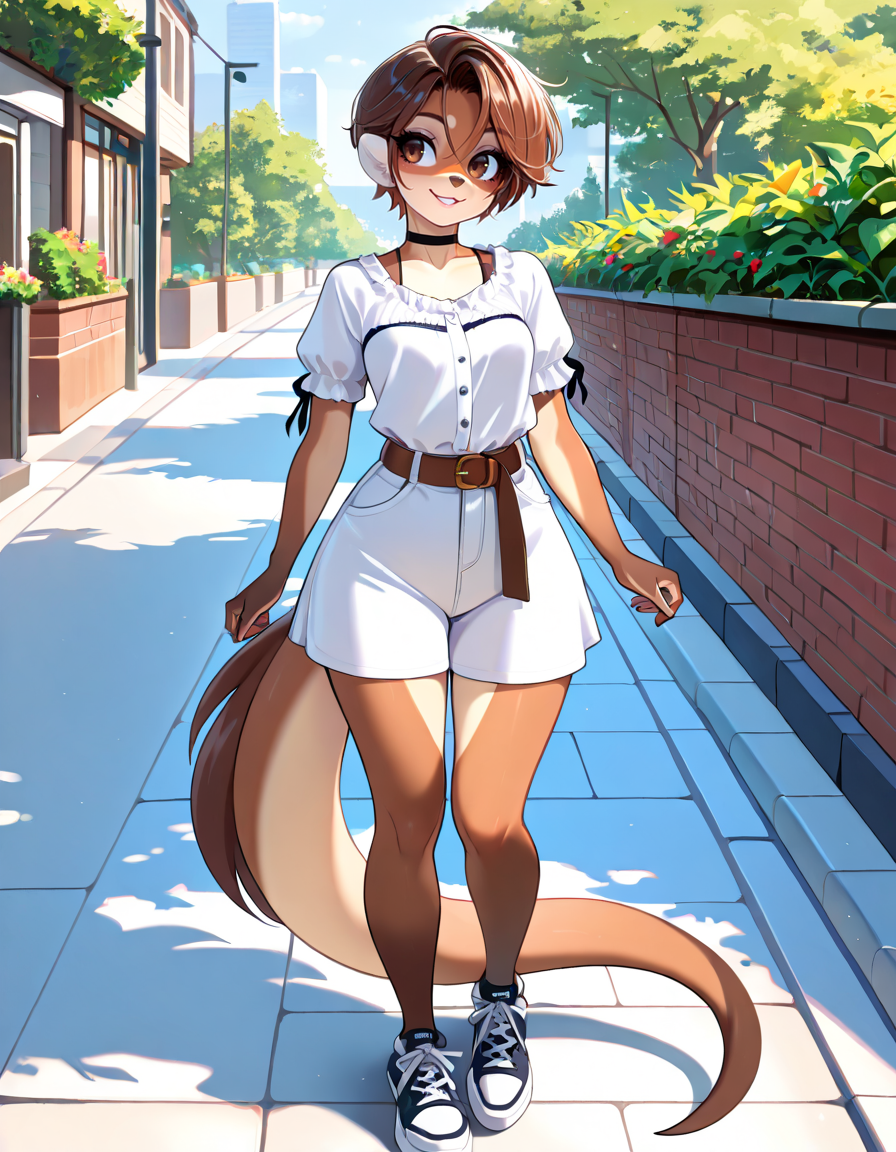 masterpiece, best quality, very aesthetic, absurdres,
outdoors, casual, 
full body, posing, 
smile, parted lips, long eyelashes, 
<lora:Mikhaila_v01_NAIXL:1>
M1k4a11a,1girl,solo,furry,furry female,short hair,brown hair,brown eyes,animal nose,choker,body fur,brown fur, tail,