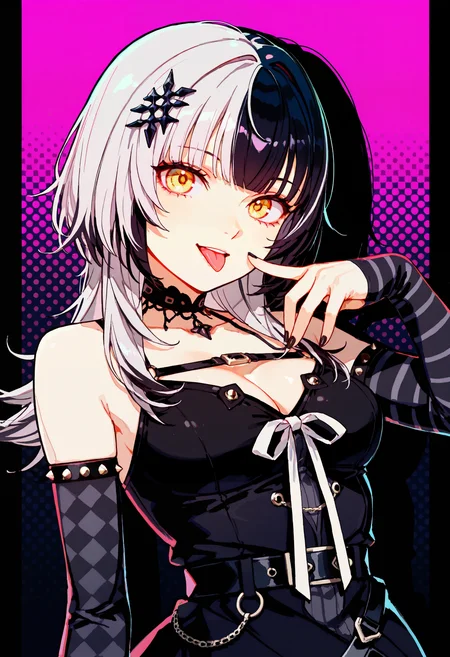 (best quality, good quality, newest, recent, messy_linework, thick_outlines, flat_colors, black_outline, drop_shadow, shadows, anime_coloring)
CRVT-Illu, dark_theme, 1hololive hololive_english
shiori_novella shiori_novella_(1st_costume) (halftone:1.4)
1girl akanbe arm_strap arm_warmers belt black_belt black_choker black_dress black_hair black_nails blunt_bangs breasts choker dress eyelid_pull grey_hair hair_intakes hair_ornament long_hair looking_at_viewer medium_breasts multicolored_hair nail_polish pink_background shadow sidelocks sleeveless sleeveless_dress solo split-color_hair tongue tongue_out upper_body virtual_youtuber yellow_eyes)