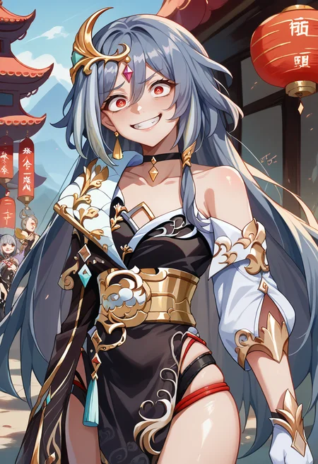 score_9, score_8_up, source_anime, HuaHoS, red eyes, grey hair, streaked hair, long hair, hair between eyes, forehead jewel, golden hair ornament, black choker, chinese clothes, black dress, gold trim, single bare shoulder, golden belt, uneven sleeves, white gloves, crazy smile, outdoors, <lora:ChamFuHuaPonyXL:1>