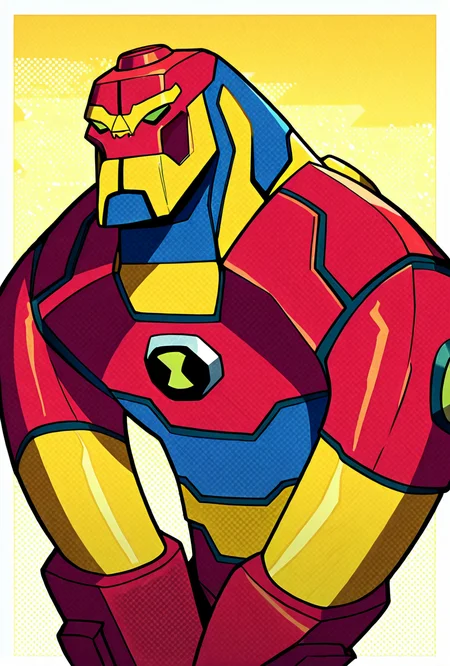 <lora:bloxx-10:1> bloxx, robot, mecha, solo, armor, green eyes,, massive arms, upper body, , red shoulders, big head, massive head, red blue yellow background, white borders, masterpiece, best quality, amazing quality, very aesthetic, absurdres, newest,, upper body, halftone effect, white borders, abstract background:1.2,