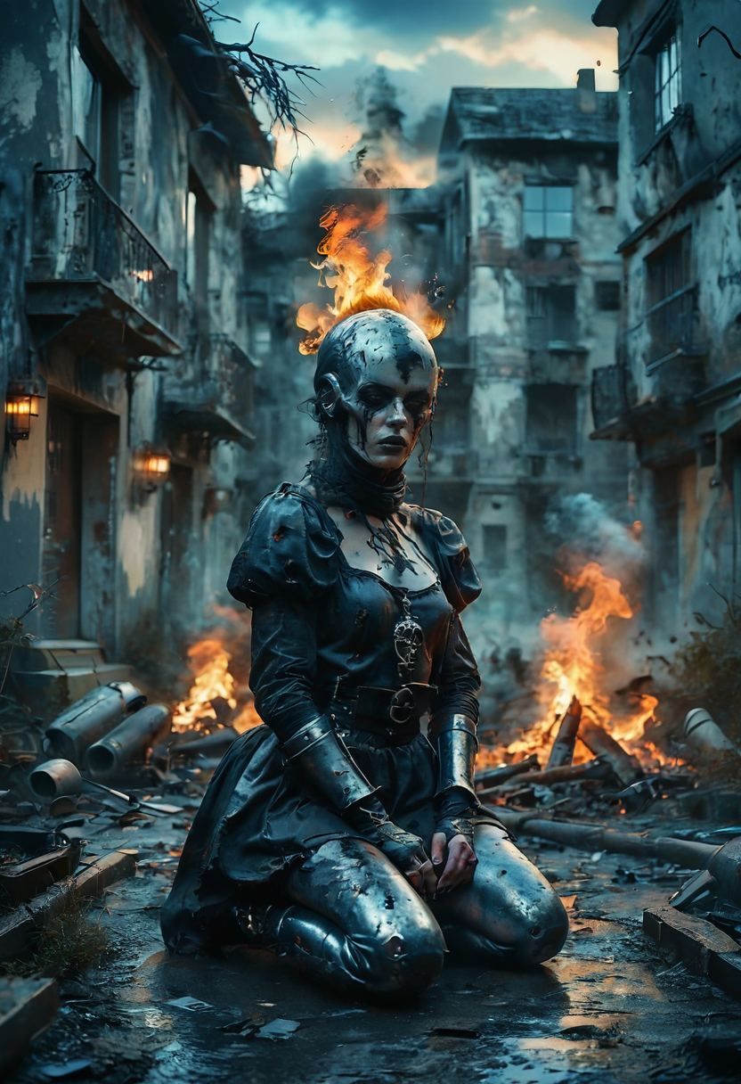 (Full body photograph, ultra-realistic:1.2). score_9, score_8_up, score_7_up, female gothic sexbomb knight , portrait, kneeling, defeated, tired, gothic armor, open helmet, temple, reflections, highly detailed, film grain, <lora:zy_Realism_Enhancer_v1:0.75>
BREAK scenery. sky. outdoors. cloud. fire. building. tree. burning. cloudy sky. smoke. sunset. nature. city. cityscape. blue sky. The photograph captures a moment during sunset with dramatic cloud formations that are tinged by fiery oranges and deep purples against an otherwise muted sky.
<lora:MoodySky_set2:0.01>
