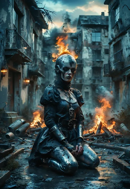 (Full body photograph, ultra-realistic:1.2). score_9, score_8_up, score_7_up, female gothic sexbomb knight , portrait, kneeling, defeated, tired, gothic armor, open helmet, temple, reflections, highly detailed, film grain, <lora:zy_Realism_Enhancer_v1:0.75>
BREAK scenery. sky. outdoors. cloud. fire. building. tree. burning. cloudy sky. smoke. sunset. nature. city. cityscape. blue sky. The photograph captures a moment during sunset with dramatic cloud formations that are tinged by fiery oranges and deep purples against an otherwise muted sky.
<lora:MoodySky_set2:0.01>