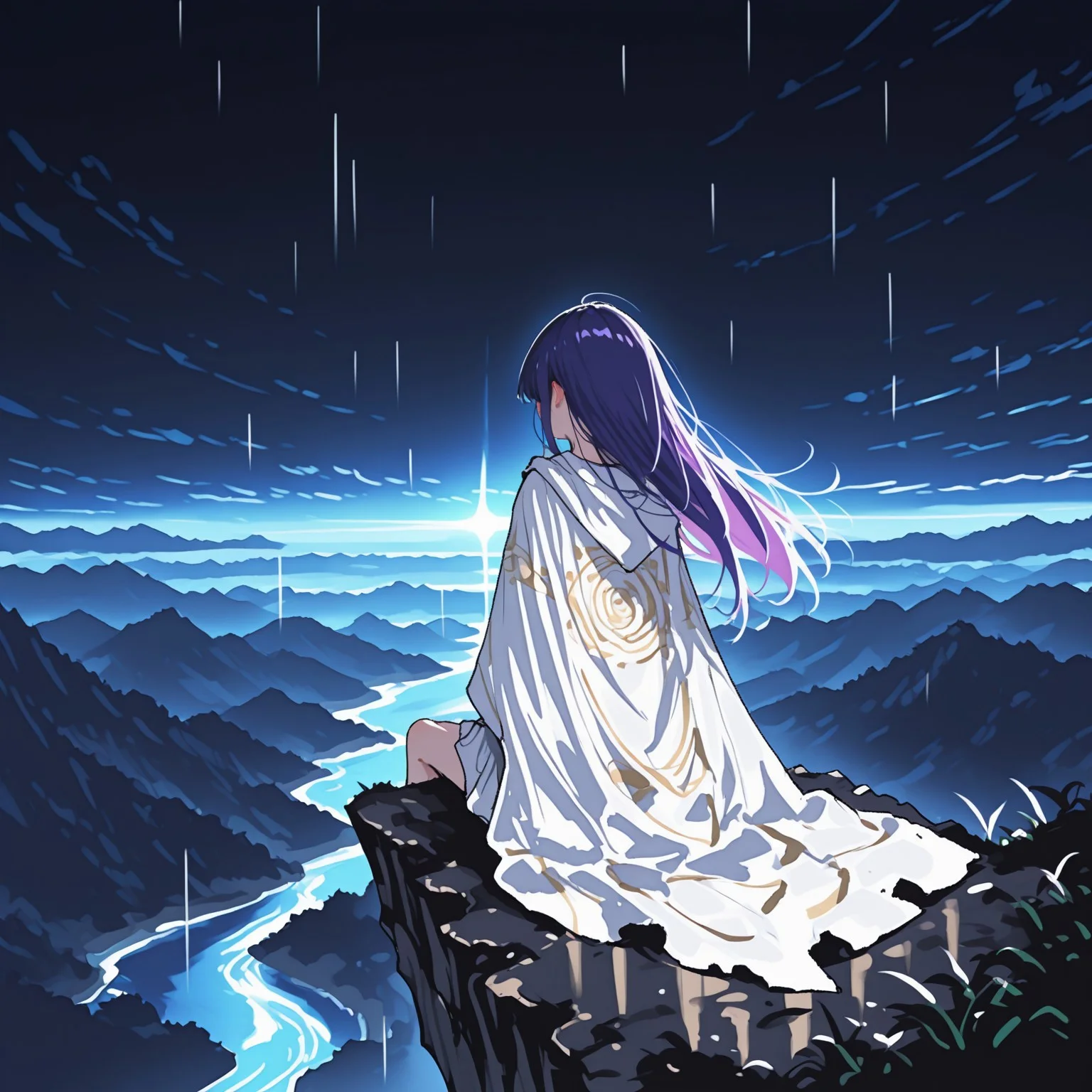 masterpiece, best quality, amazing quality, very aesthetic, absurdres, newest, 8k, 5t4nd1ng_0n_3dg3, ma1ma1helmes_b_illu,sketch, BV-Illu, realistic,
BREAK,
1girl, solo, from behind, sitting on edge, mountain ledge, horizon, short purple hair, straight hair, leaning back, ornate clothing, white clothing, flowing white cloak, intricate cloak designs, detailed sky, dark skies, night, rain,
BREAK, dynamic lighting, detailed background, dramatic lighting, depth of field, volumetric lighting