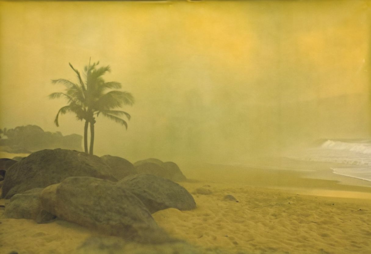 colouring_experiment_analogue, a foggy beach in sri lanka, hard shadow