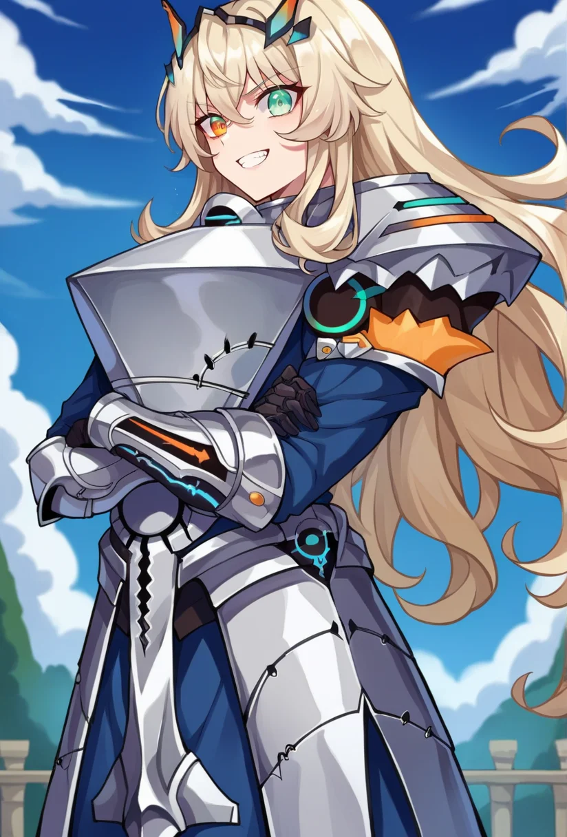 score_9, score_8_up, score_7_up, source_anime BREAK 1girl, solo, looking at viewer, cowboy shot, <lora:Barghest_Sdxl-11:1>, Barghest_Armored, platinum blonde hair, crossed bangs, very long hair, wavy hair, sidelocks, heterochromia, glowing eyes, full armor, glowing armor, armored dress, collar,shoulder armor, chain, pauldrons, gauntlets, breastplate, boobplate, gloves, armored boots, faulds, vambraces, muscular female, long sleeves, outdoors blue sky, medieval, evil grin, crossed arms, from side,