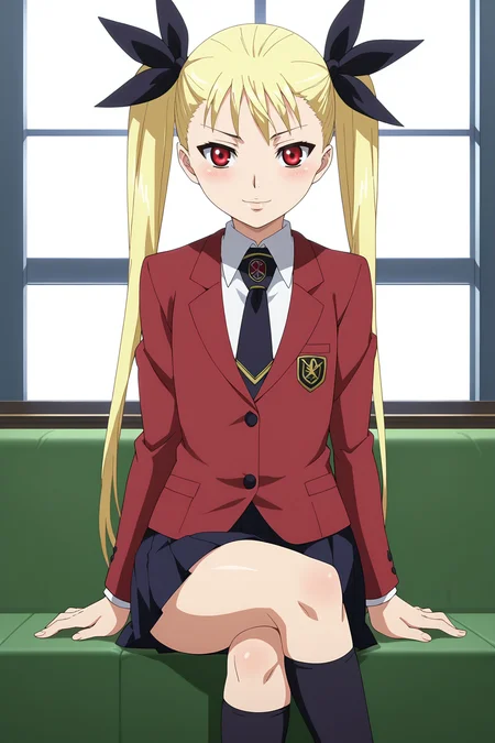 score_9, score_8_up, score_7_up, source anime, prefect lighting, very aesthetic, BREAK, anime screencap, anime coloring,
<lora:mina_tepes_v1:1>, 1girl, mina tepes, dance in the vampire bund, blonde hair, red eyes, long hair, twintails, hair ribbon, flat chest, sitting, school uniform, necktie, socks, crossed legs, blazer,
BREAK, looking at viewer, light smile, blush, cowboy shot,
BREAK,