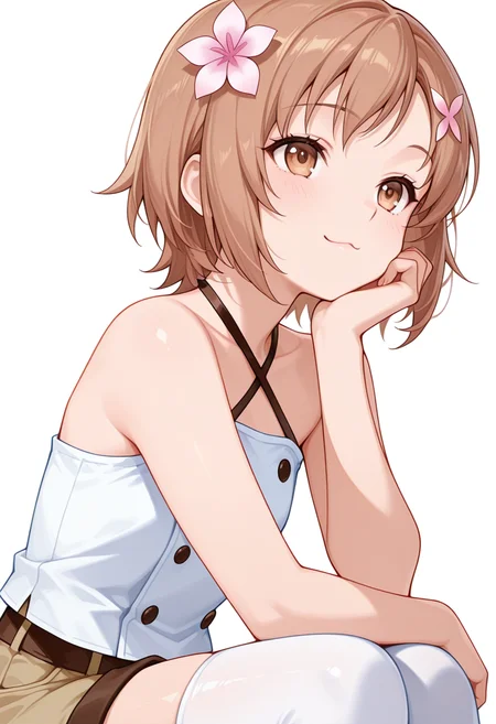 Smooth Quality,masterpiece,very intricate, high quality details, ultra realistic, high detailed skin,detailed enviorement,absurdres,
head rest,
<lora:Yukimura_Kusunoki_CNR:0.8> yukimuria_cnr, 1girl, brown hair, short hair, brown eyes,hair flower,, simple background, white background, from side,solo,, ;3,, criss-cross halter,double-breasted,jogger pants, ,thighhighs,