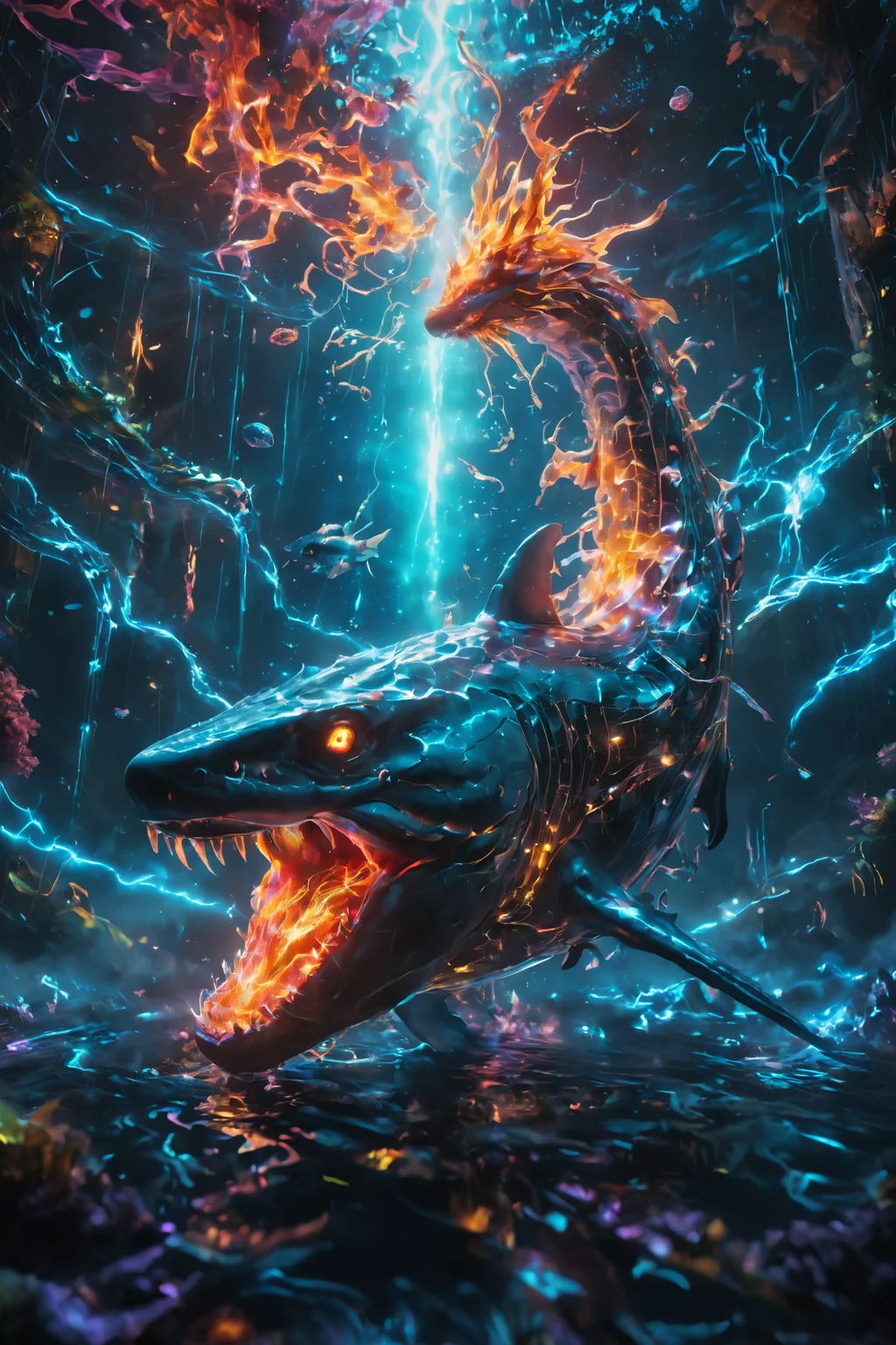 A majestic and fierce shark with dragon-like features swimming in a mystical underwater world, realistic painting by Thomas Moran and Claude Monet, vibrant colors, intricate details, long shot <lora:add-detail-xl:0.8> <lora:detailed_notrigger:0.8> <lora:glowneon_xl_v1:0.8> glowneon, glowing, sparks, lightning <lora:JuggerCineXL2:0.8> Movie Still, Film Still, Cinematic, Cinematic Shot, Cinematic Lighting <lora:SDXLFaeTastic2400:0.8>