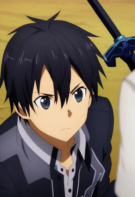 high resolution, professional photography, best quality, 1Boy, Kazuto Kirigaya, Black Hair, Black Eyes, Sword Battle, OverallDetail
