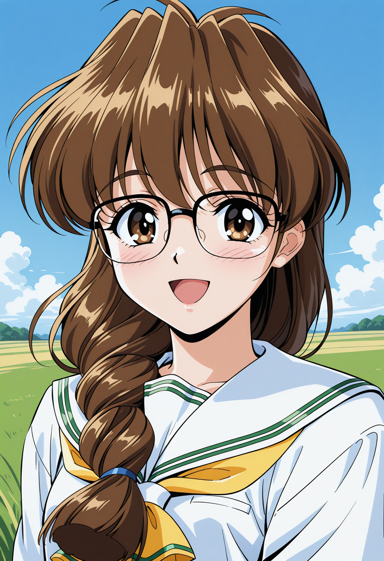 nakamoto_shizuka, glasses, brown eyes, brown hair, long hair, single braid, hair over shoulder, school uniform, serafuku, white sailor collar, yellow neckerchief, white shirt, long sleeves, <lora:Graduation_nakamoto_shizuka_illustrious_ver1:0.8> 
smile,, masterpiece, best quality, very aesthetic, absurdres, general,, 1girl, solo, blue sky, (grasslands:1.2), looking at viewer,, (upper body:1.2), (close-up:1.2), (facing viewer:1.2), (open eyes:1.4), (portrait:1.2)