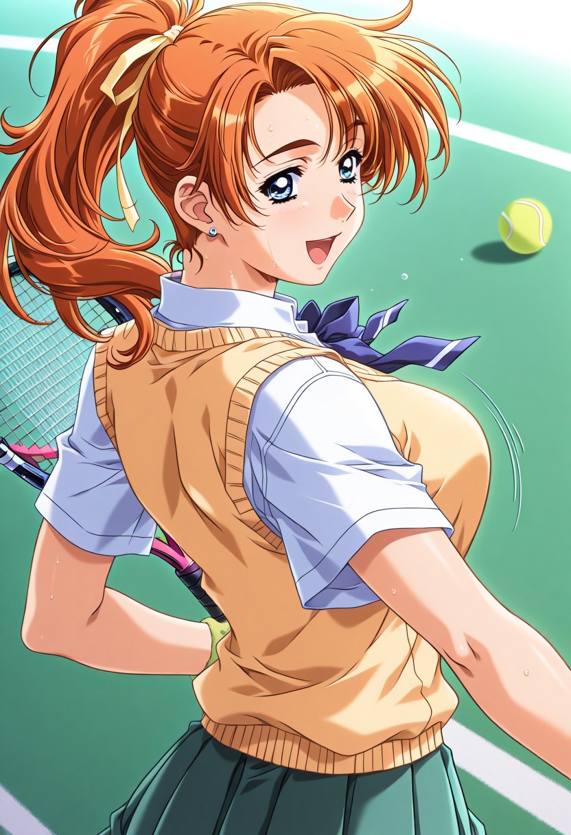 masterpiece, best quality, newest, highres, uncensored, 1girl, yokota mamoru style,motion lines,1girl,Kanou Makoto Again Version,blue eyes, orange hair, 1990s (style), large breasts,long hair,Earrings,  1girl, solo, ball, ponytail, racket, tennis ball, tennis racket, long hair, blue eyes, open mouth, looking back, ribbon, school uniform, hair ribbon, smile, sweater vest, sweat
