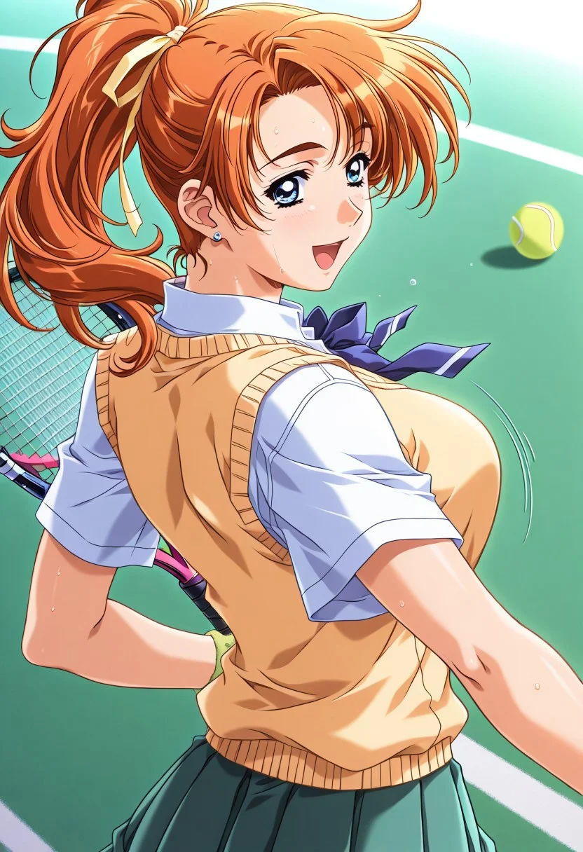 masterpiece, best quality, newest, highres, uncensored, 1girl, yokota mamoru style,motion lines,1girl,Kanou Makoto Again Version,blue eyes, orange hair, 1990s (style), large breasts,long hair,Earrings, 1girl, solo, ball, ponytail, racket, tennis ball, tennis racket, long hair, blue eyes, open mouth, looking back, ribbon, school uniform, hair ribbon, smile, sweater vest, sweat