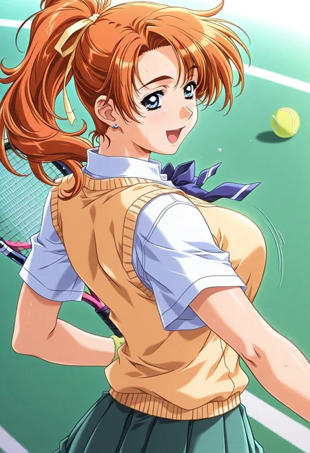 masterpiece, best quality, newest, highres, uncensored, 1girl, yokota mamoru style,motion lines,1girl,Kanou Makoto Again Version,blue eyes, orange hair, 1990s (style), large breasts,long hair,Earrings, 1girl, solo, ball, ponytail, racket, tennis ball, tennis racket, long hair, blue eyes, open mouth, looking back, ribbon, school uniform, hair ribbon, smile, sweater vest, sweat