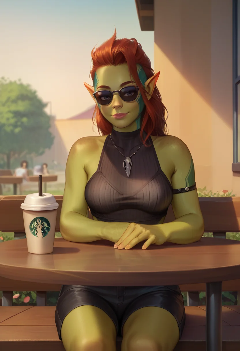 score_9, score_8_up, score_7_up, score_6_up, 1girl, solo, sunglasses, black shirt, black shorts, coffee cup, hands on table, smiling, leaning,
sitting, outdoors, cafe, table,
<lora:Krys_Decker_-_Artist_style_Newer__characters:0.8> ss-krd_new, <lora:Zargala_from_game_RAID_Shadow_Legends_Character_for_Pony:0.7> raidzargala, colored skin, green skin, black eyes, pointy ears, orc, tattoo,