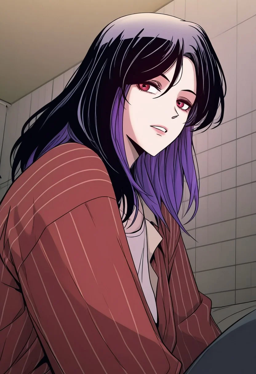 Shin Haein , black hair, multicolored hair, purple hair,red eye