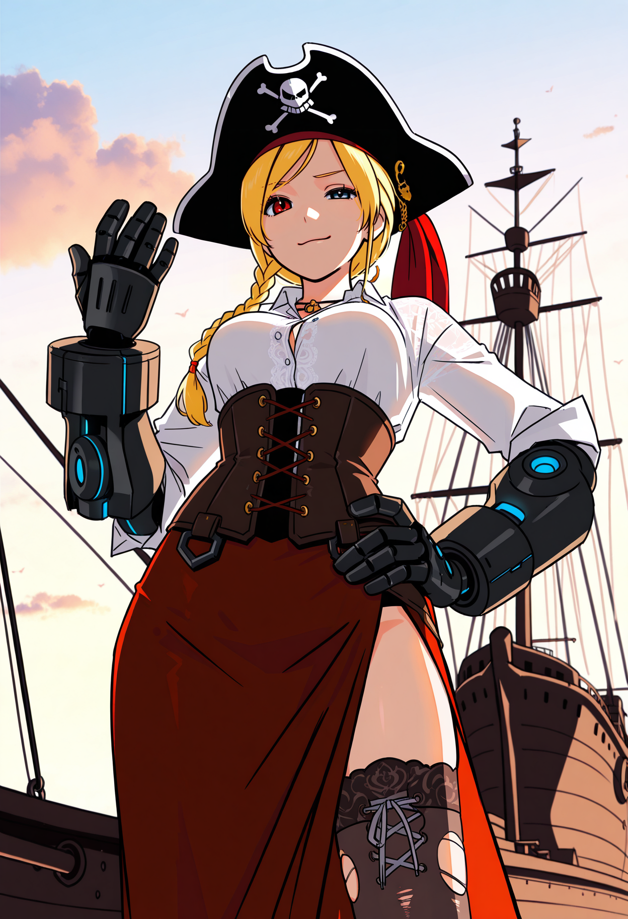 lineart, pencil art,
solo, ((cyber arms)), 1girl, blonde, braid hair, heterochromia, right eye blue, left eye red, medium breasts,
white shirt, lace-up shirt, corset, long skirt, skirt side slit, thighhighs, torn thighhighs,
smug, outdoors, ship, pirate ship, rigging, cutlass,pose, pirates of the caribbean, pirate hat, good hands, hand on hip,
from below,
<lora:hamafuguIL-style:1.2>,hamafugustyle,