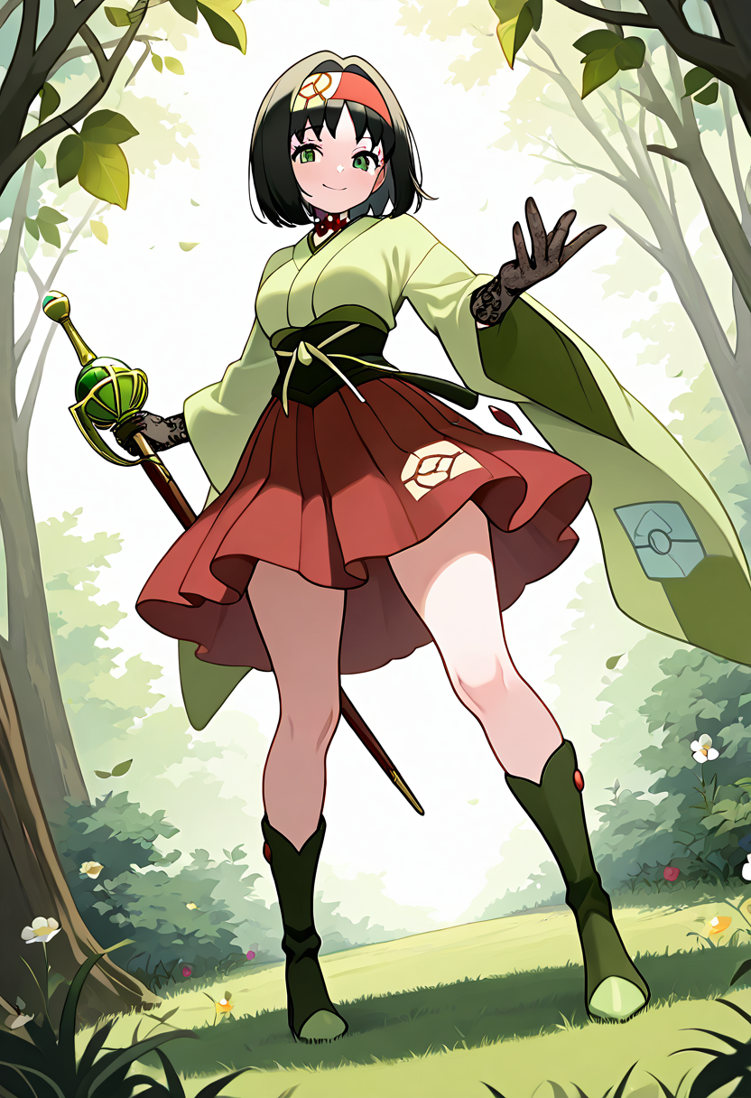 masterpiece, best quality,  curvy, beautiful eyes, narrow waist, wide hips, smile, looking at viewer, dynamic angle, foreshortening, close up,     zzErika, erika (pokemon), green eyes, short hair, black hair, red hairband,    <lora:ErikaPokemon_IXL:1.0>  [Lilyclad Duel Maiden], petal-layered skirt in pastel green and ivory, bloom-trimmed corset, high boots with vine-wrapped heels, floral choker with sapphire dew gem, sheer gloves with leaf stitching, thorn-cut rapier sheathed at hip, glade battlefield, grass swirling at feet, smirking stance,